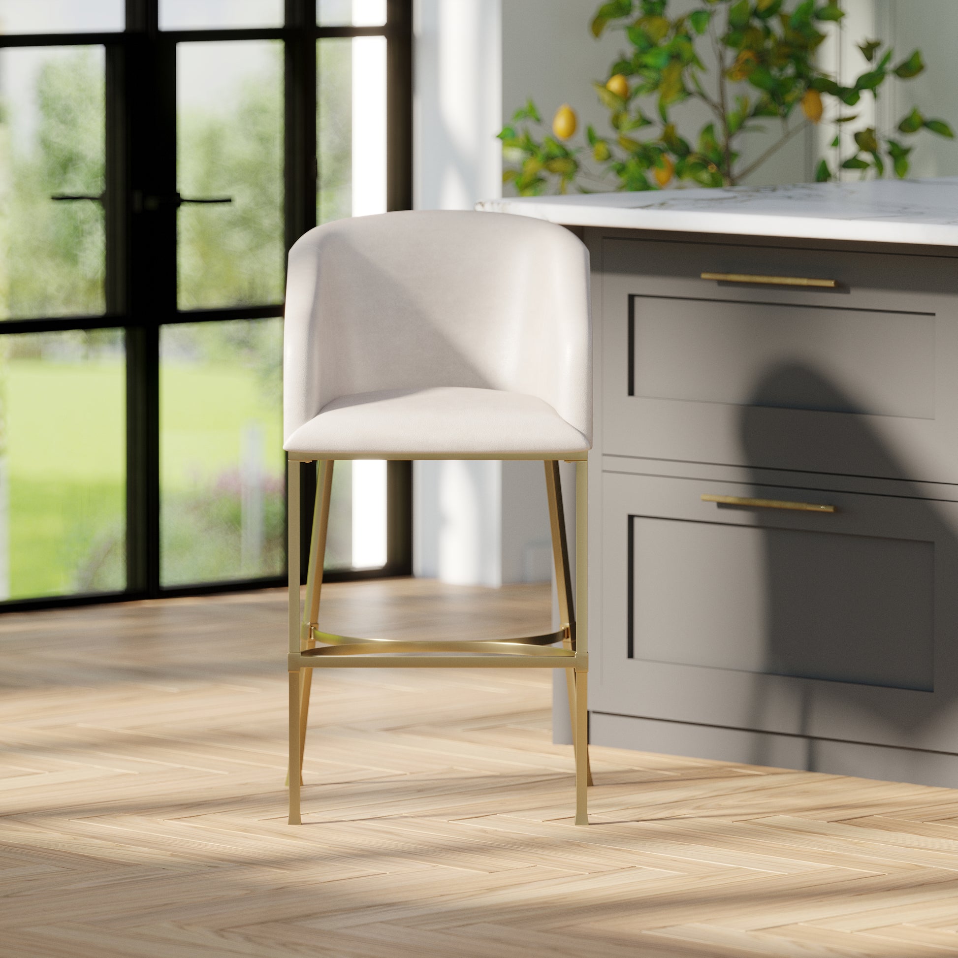 31" Modern Bar Stool, White Faux Leather with Gold Steel Frame, 1PC