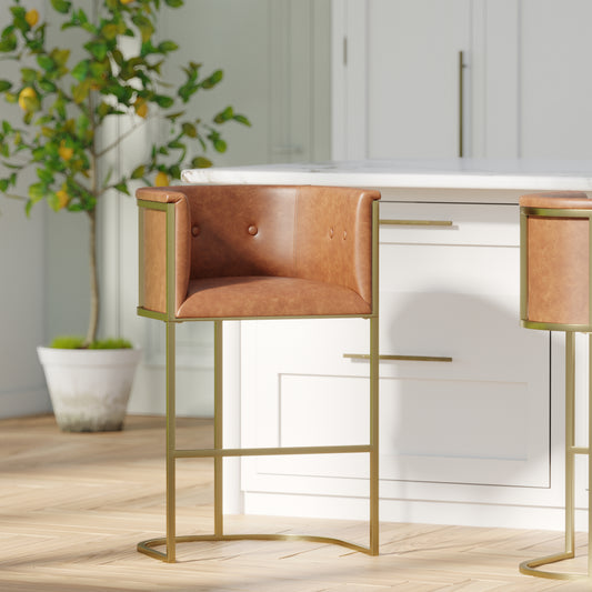 31" Bar Stool – Tobacco Brown Faux Leather with Brass-Finish Metal Base, 1PC