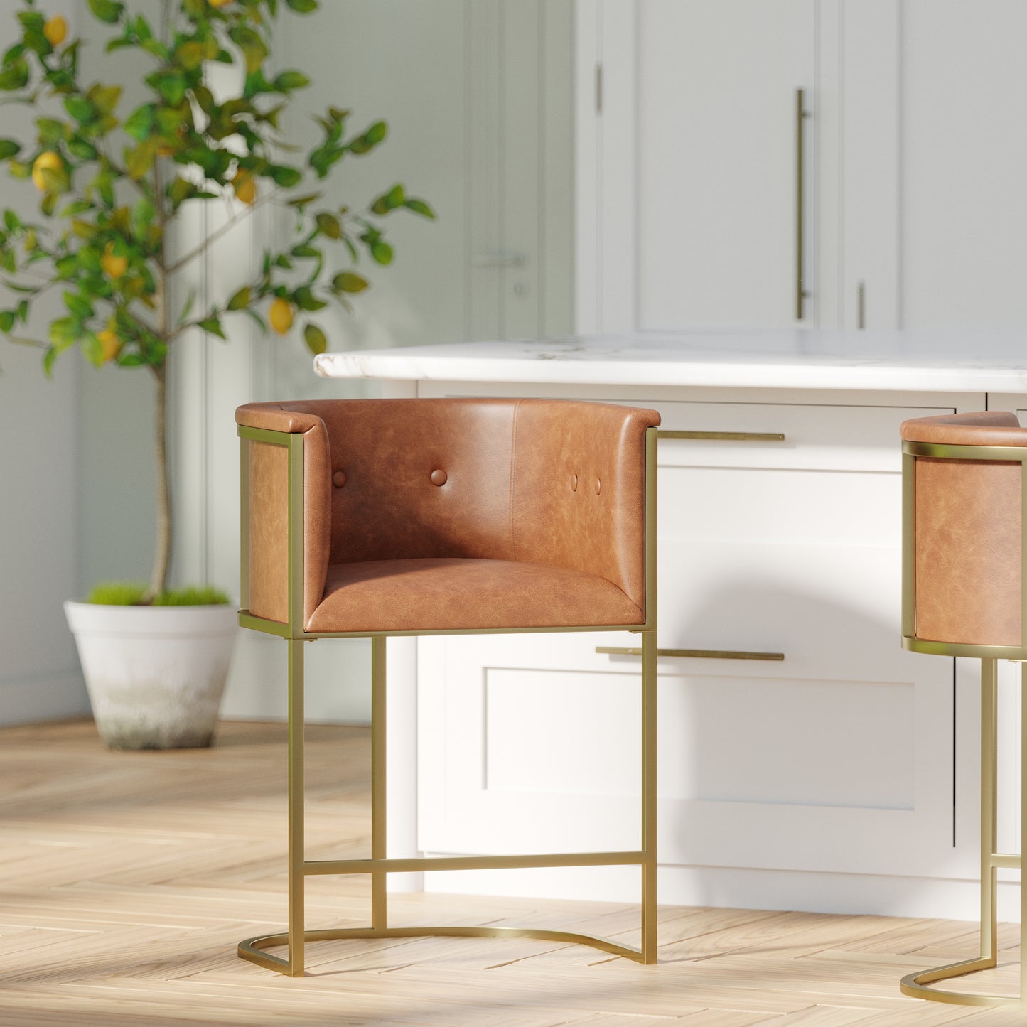 26" Counter Stool – Tobacco Brown Faux Leather with Brass-Finish Metal Base, 1PC