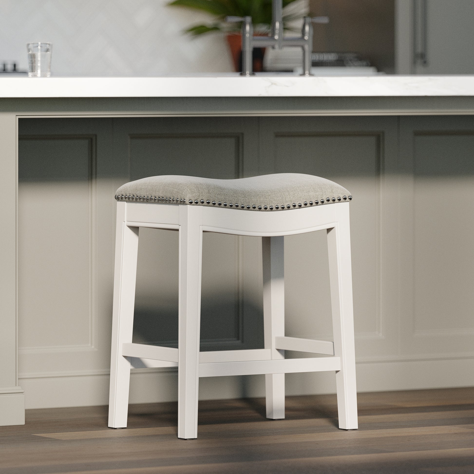 26in. Counter-Height Backless Wood Saddle-Seat Barstool with Nailhead Trim, Farmhouse Whitewash with Gray Upholstered Seat, 1PC