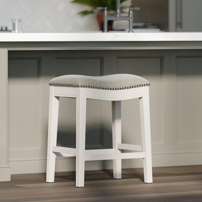 26in. Counter-Height Backless Wood Saddle-Seat Barstool with Nailhead Trim, Farmhouse Whitewash with Gray Upholstered Seat, 1PC