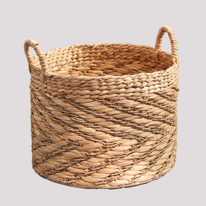 Isidore Round Water Hyacinth Seagrass Woven Basket with Handles - 15" x 15" x 11.8" - Natural Brown - For Clothes, Towels, Canvas, Toys and Magazine Storage and Home Decoration
