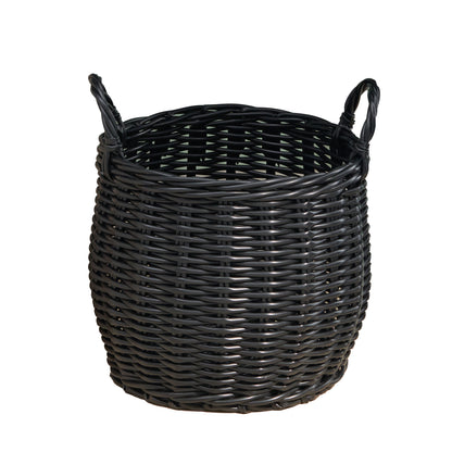 Lucius Round Resin Woven Wicker Basket with Handles - 13" x 13" x 10.2" - Black - For Clothes, Towels, Toys, Magazines Storage and Home Decoration