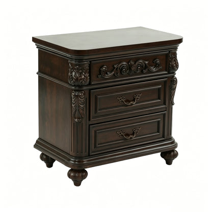3 Drawer Nightstand Solid Wood Frame Traditional Bedside Table with Carved Details, Dark Cherry Finish, 28" Wide Storage Cabinet