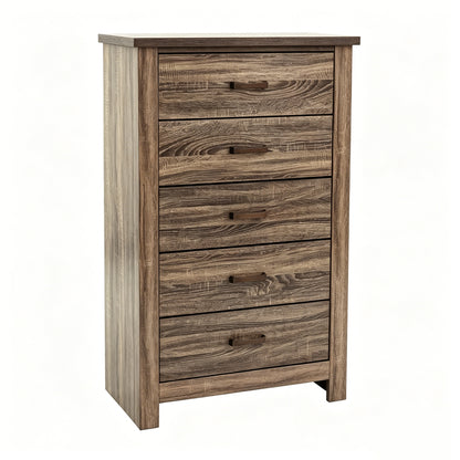 Modern Nordic Bedroom Storage Organizer, Dark Brown Wood 5-Drawer Chest, Space-Saving 34x16x49 in