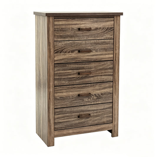 Modern Nordic Bedroom Storage Organizer, Dark Brown Wood 5-Drawer Chest, Space-Saving 34x16x49 in
