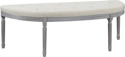Coastal Button Tufted Light Beige Upholstered Bench with Weathered Gray Legs