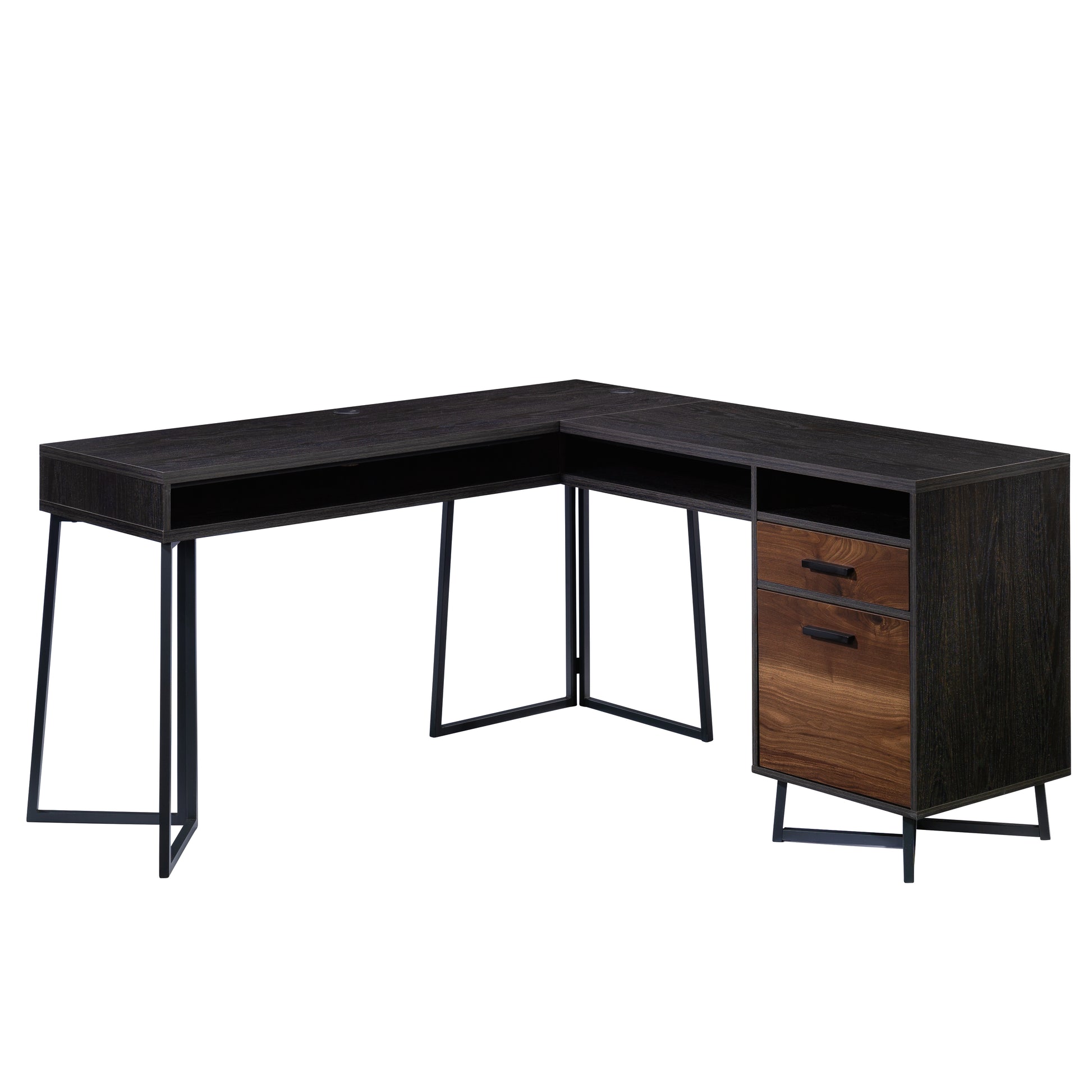 L-Shaped Desk with 2 Drawers and Cubbyholes, Dark Walnut finish