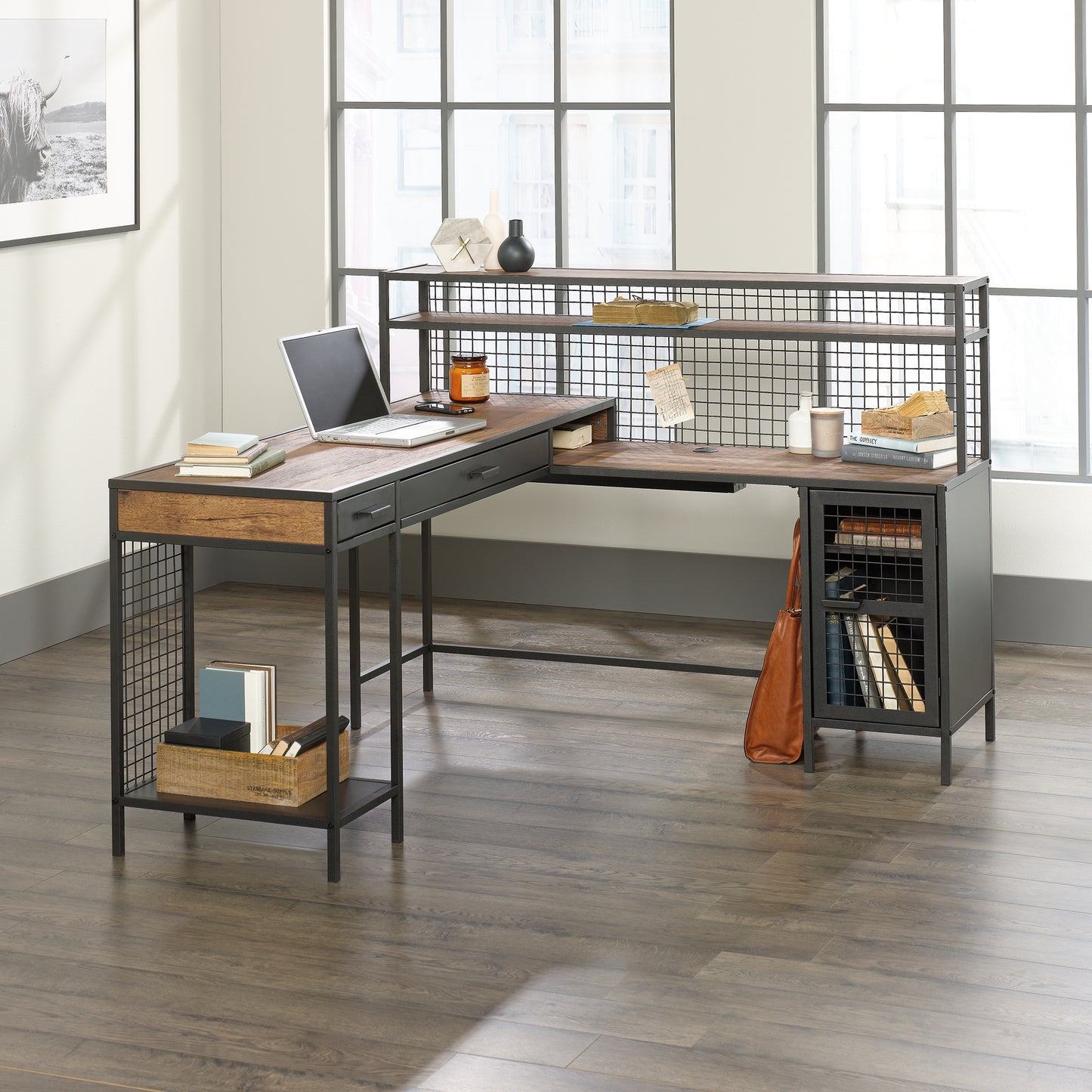 Industrial L-Shaped Desk with 2 Drawers and Shelves, Brown finish