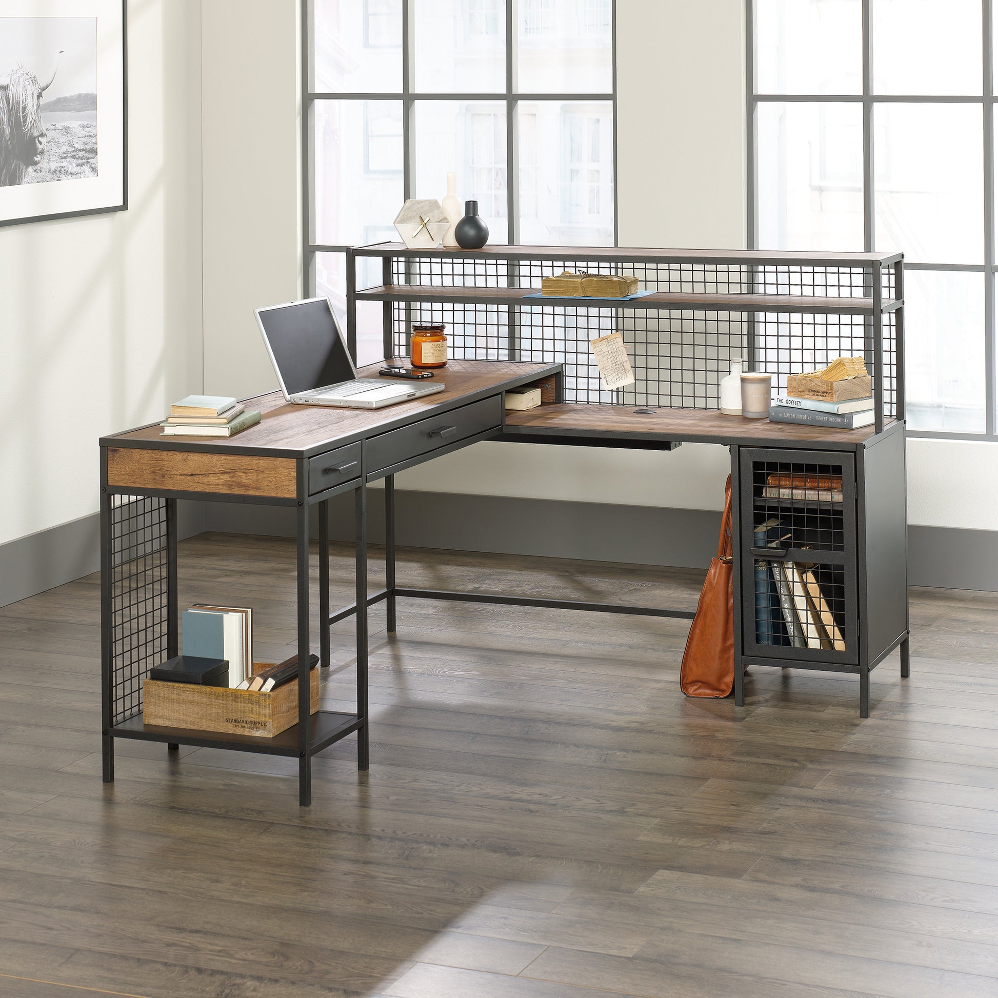 Industrial L-Shaped Desk with 2 Drawers and Shelves, Brown finish