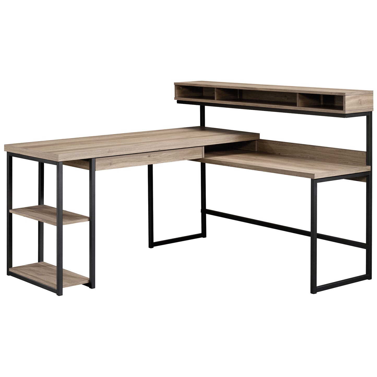 Industrial L-Shaped Desk with Elevated Cubby Shelf, Brown finish