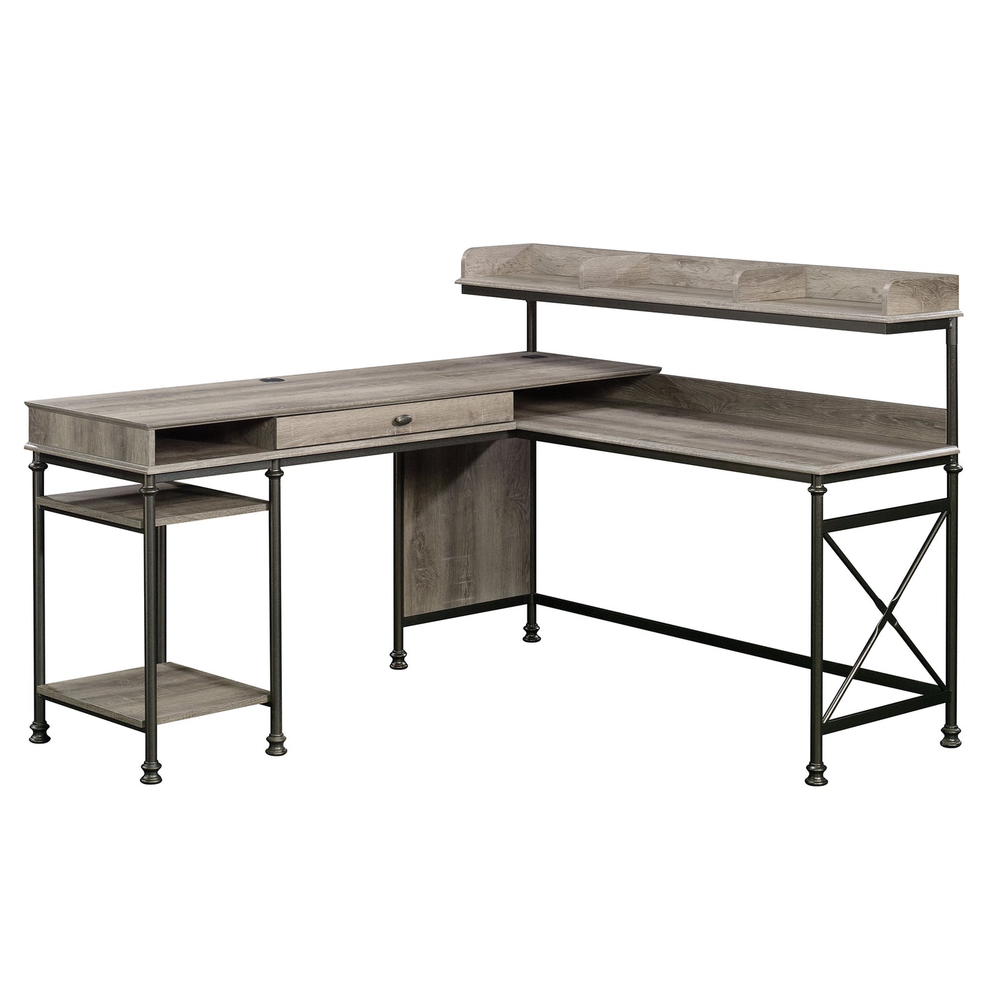 Industrial L-Shaped Desk with Built-In Usb Ports And Grommet Holes, Brown Finish