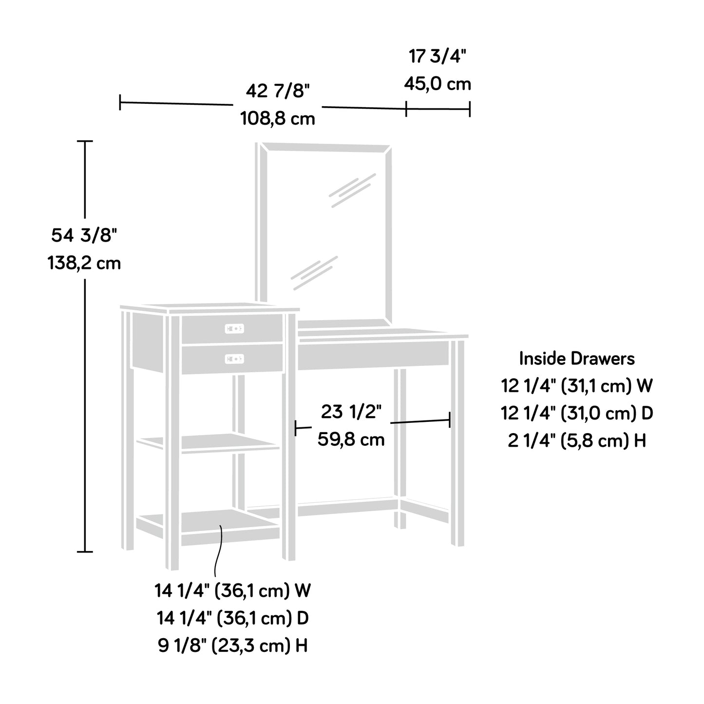 White Farmhouse Bedroom Vanity with Mirror and Drawer Storage