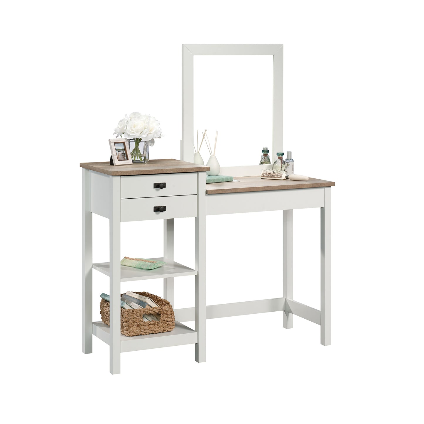 White Farmhouse Bedroom Vanity with Mirror and Drawer Storage