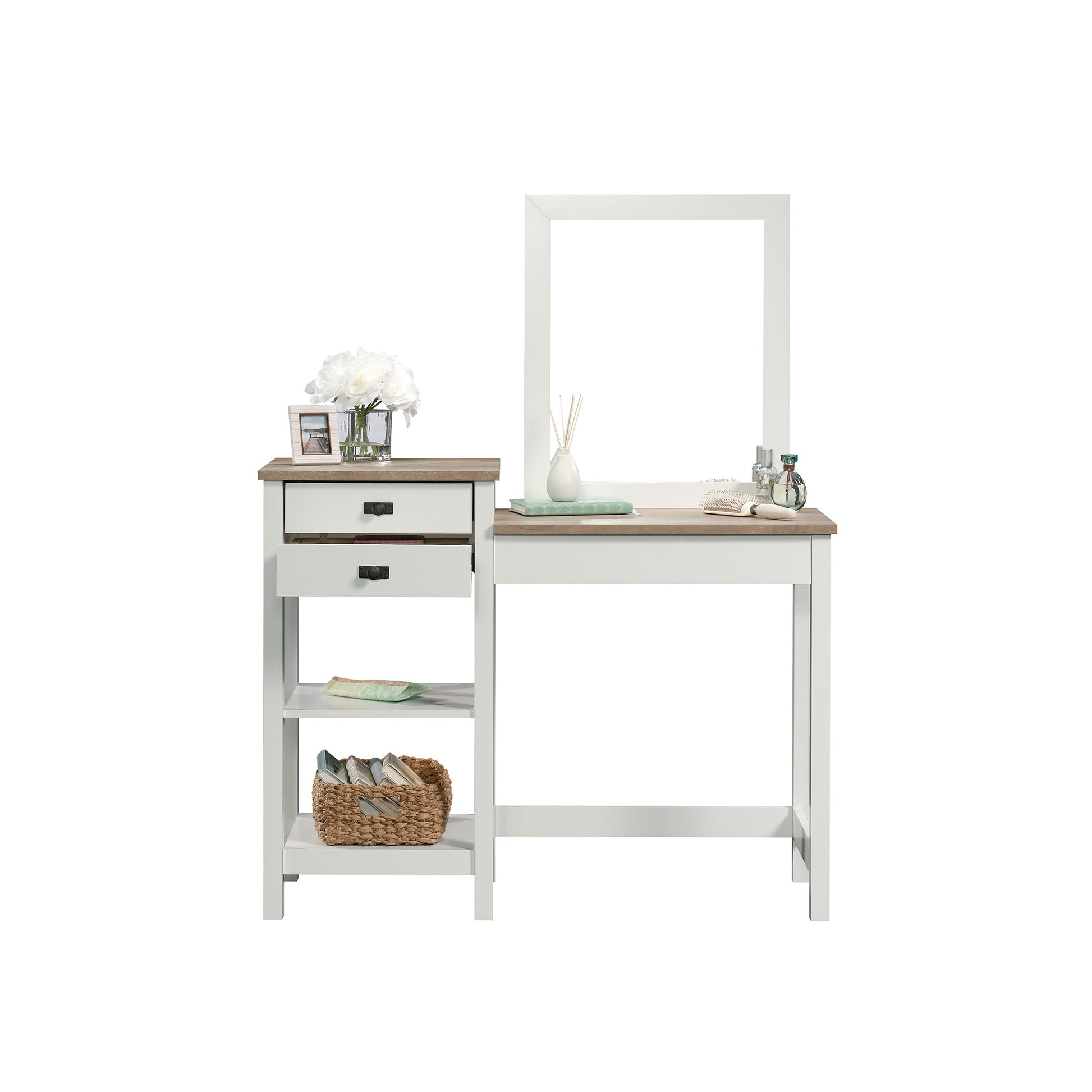 White Farmhouse Bedroom Vanity with Mirror and Drawer Storage