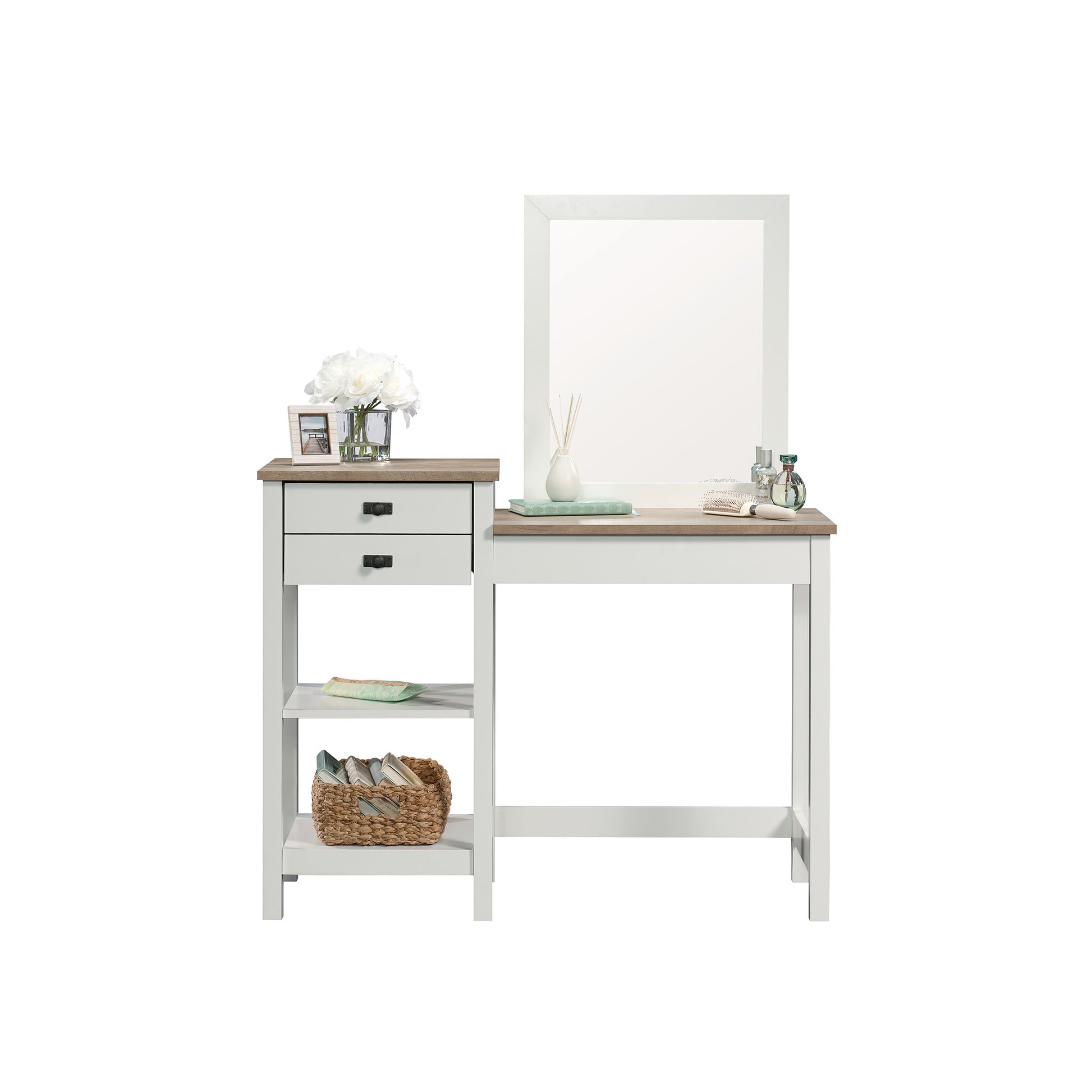 White Farmhouse Bedroom Vanity with Mirror and Drawer Storage
