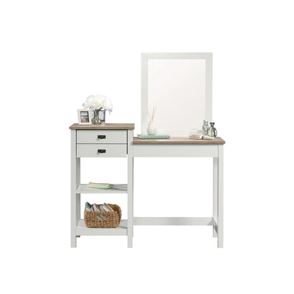 White Farmhouse Bedroom Vanity with Mirror and Drawer Storage