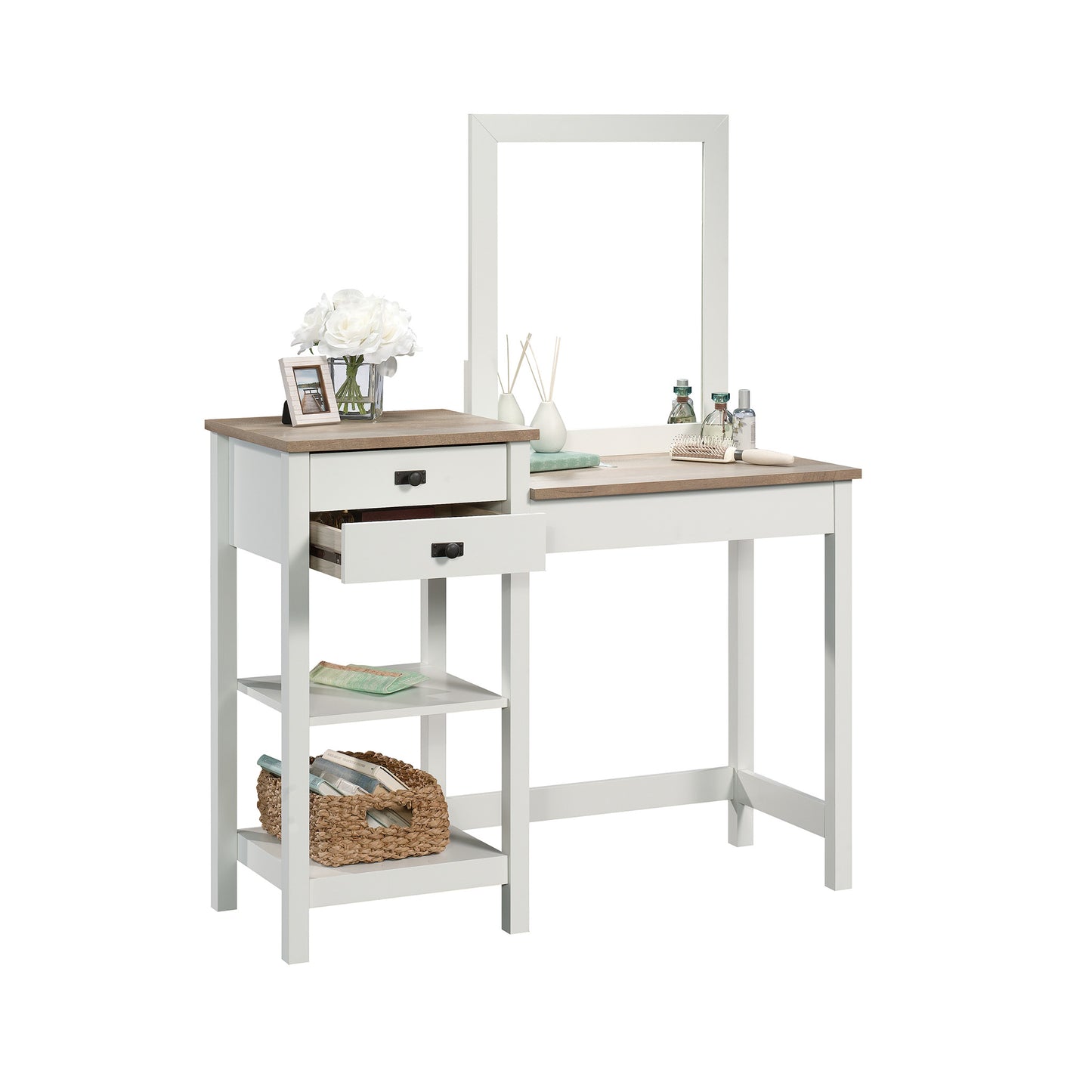 White Farmhouse Bedroom Vanity with Mirror and Drawer Storage