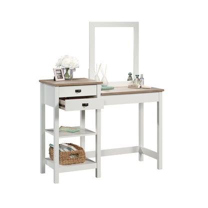White Farmhouse Bedroom Vanity with Mirror and Drawer Storage