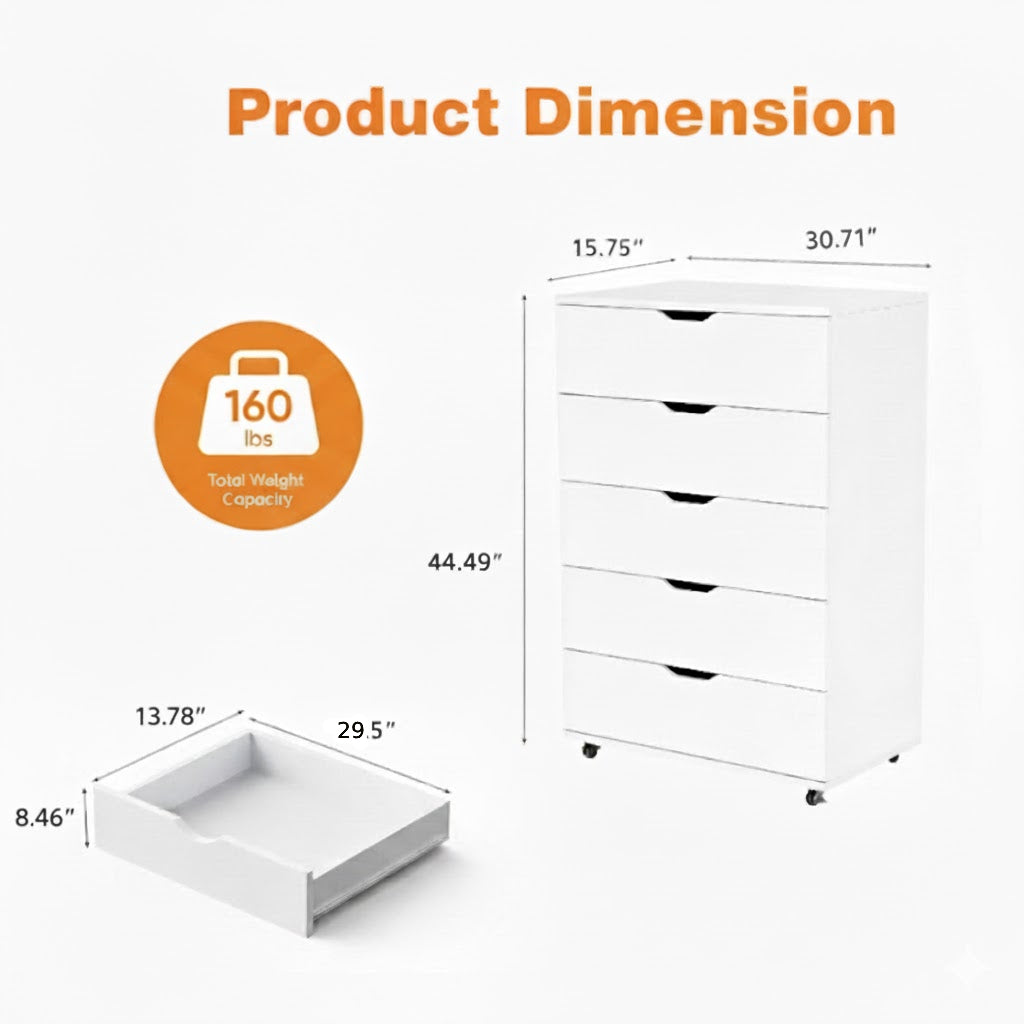 White 5-Drawer Dresser with Wheels - Modern Storage Cabinet for Bedroom