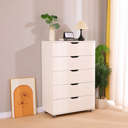 White 5-Drawer Dresser with Wheels - Modern Storage Cabinet for Bedroom