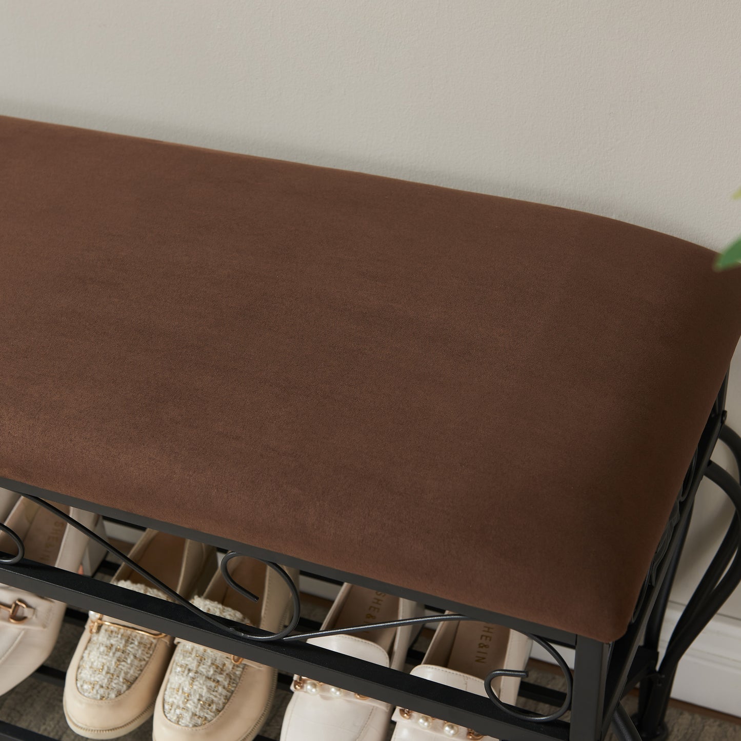 Antique Brown Fabric Metal Entryway Bench with Storage for Bedroom