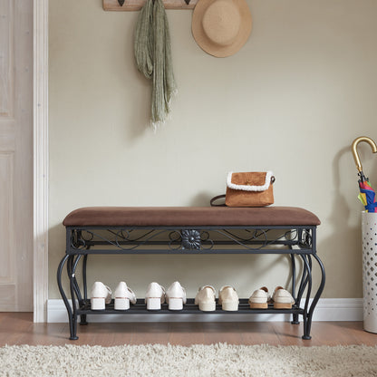 Antique Brown Fabric Metal Entryway Bench with Storage for Bedroom