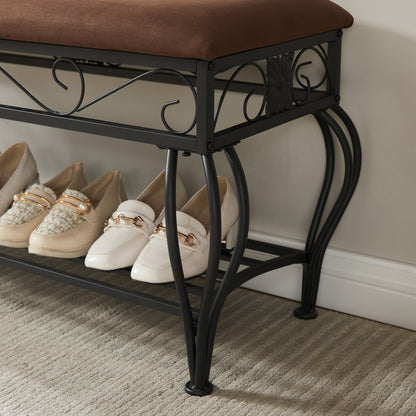 Antique Brown Fabric Metal Entryway Bench with Storage for Bedroom