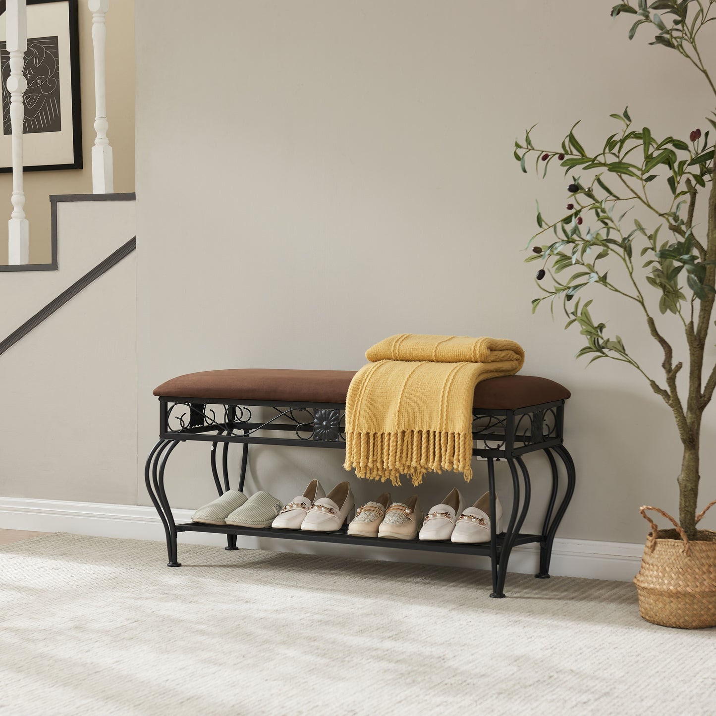 Antique Brown Fabric Metal Entryway Bench with Storage for Bedroom