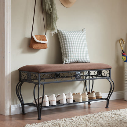 Antique Brown Fabric Metal Entryway Bench with Storage for Bedroom