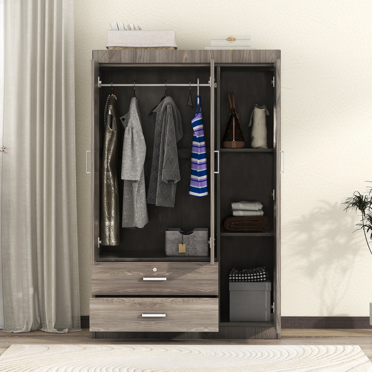 Gray MDF 3-Door Wardrobe - Bedroom Storage Chest