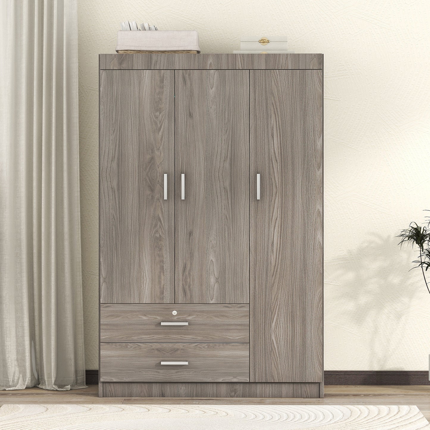 Gray MDF 3-Door Wardrobe - Bedroom Storage Chest