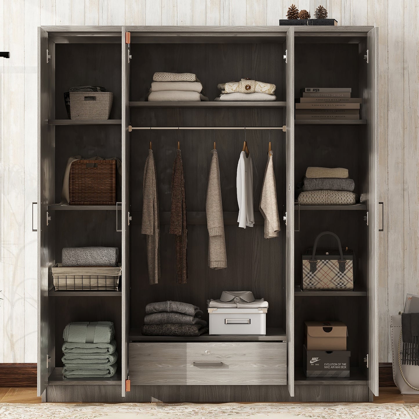 4-Door Grey Wardrobe - Bedroom Storage Solution