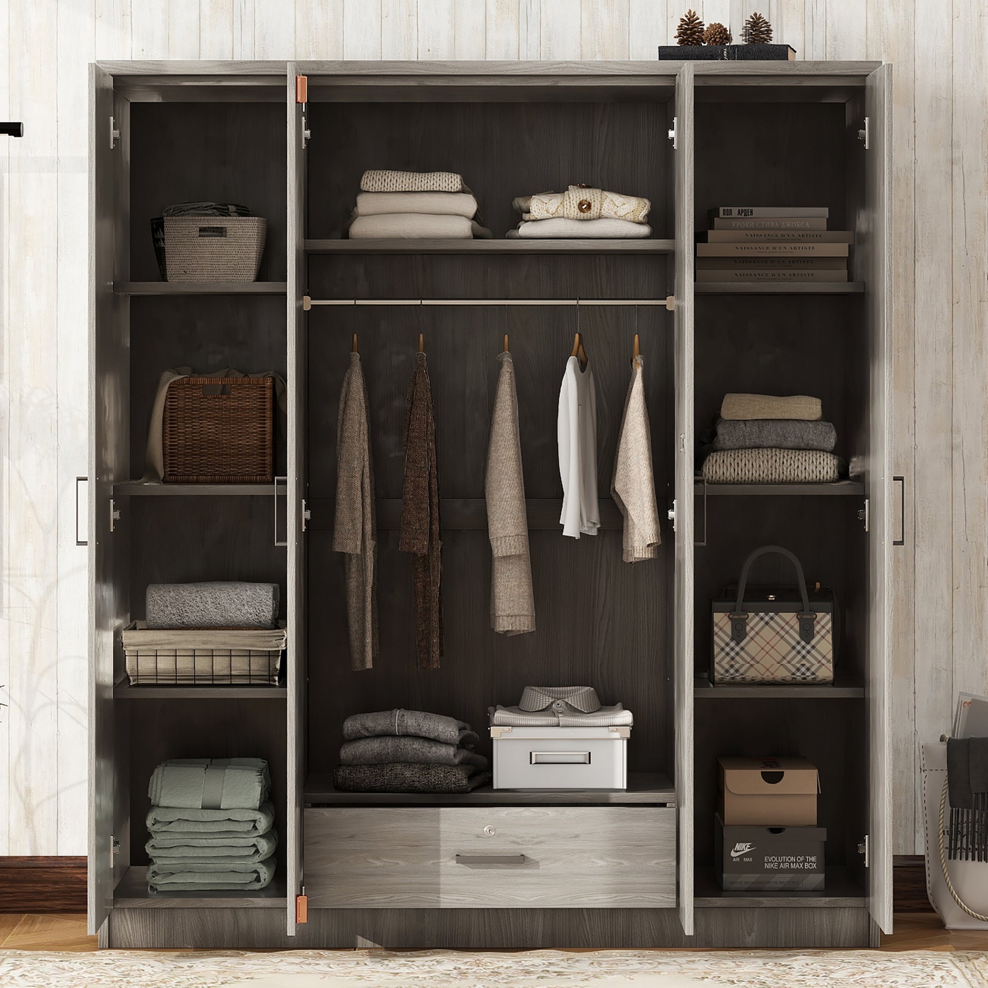 4-Door Grey Wardrobe - Bedroom Storage Solution