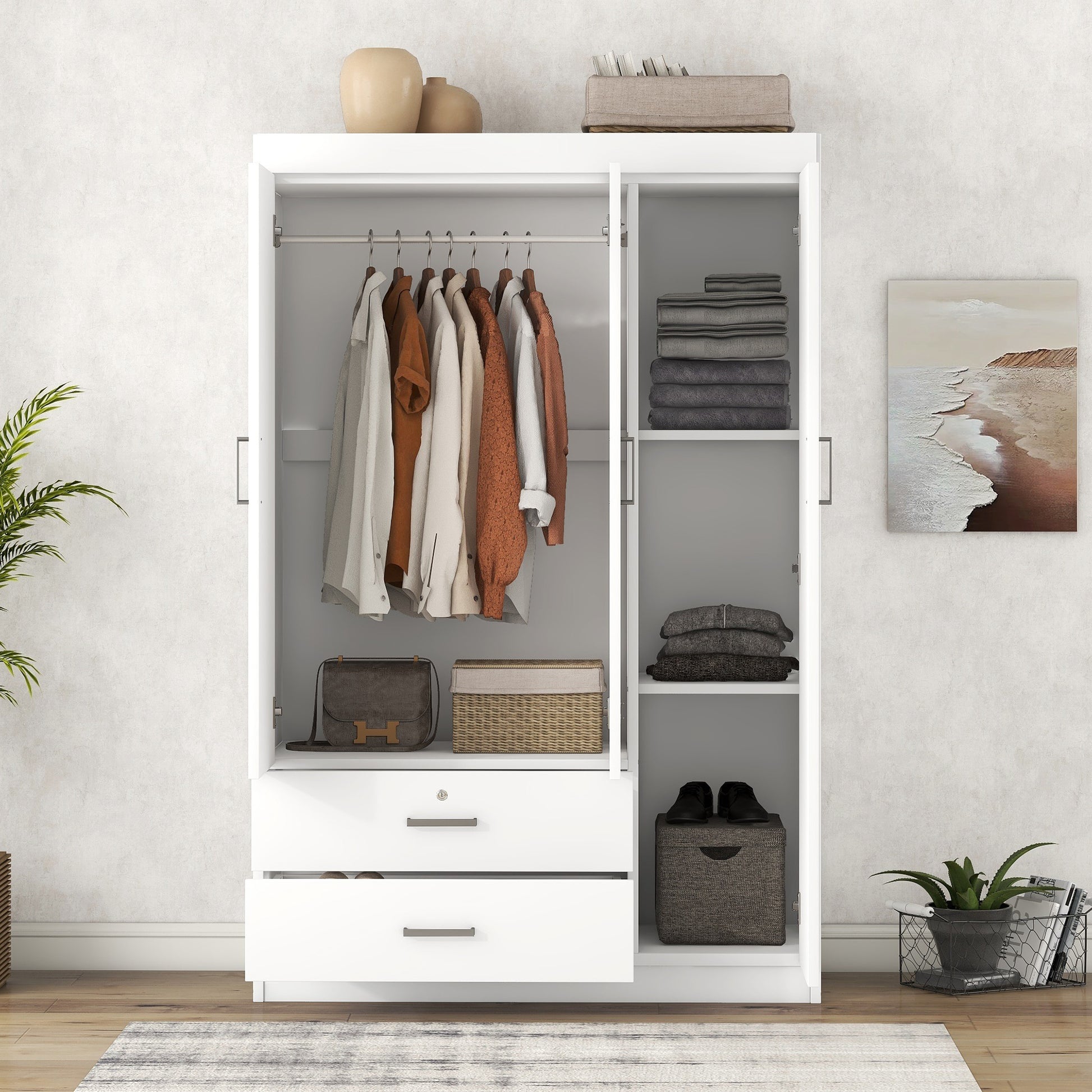 3-Door White Wardrobe with 2 Drawers - MDF Storage