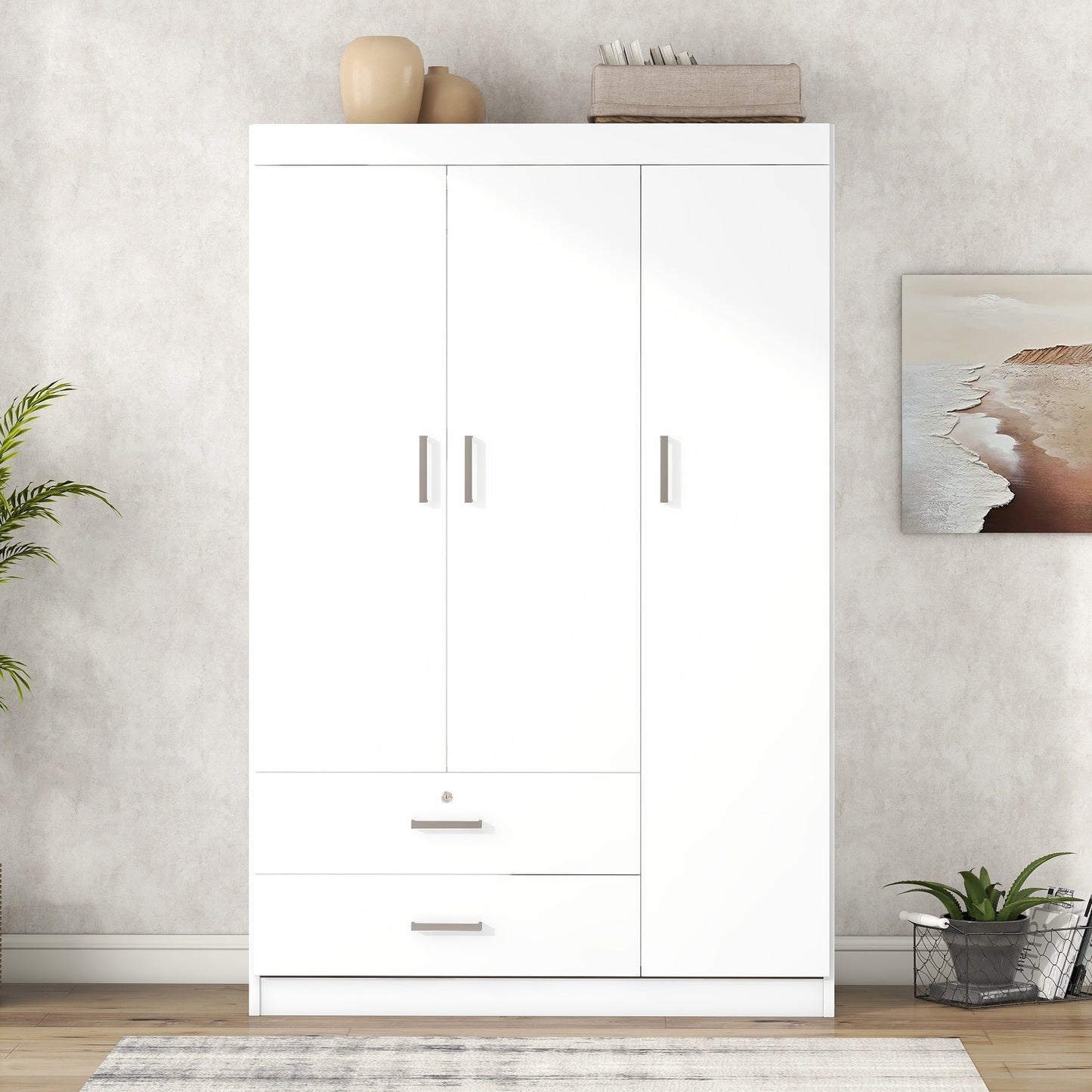 3-Door White Wardrobe with 2 Drawers - MDF Storage