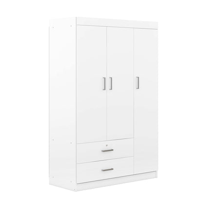 3-Door White Wardrobe with 2 Drawers - MDF Storage