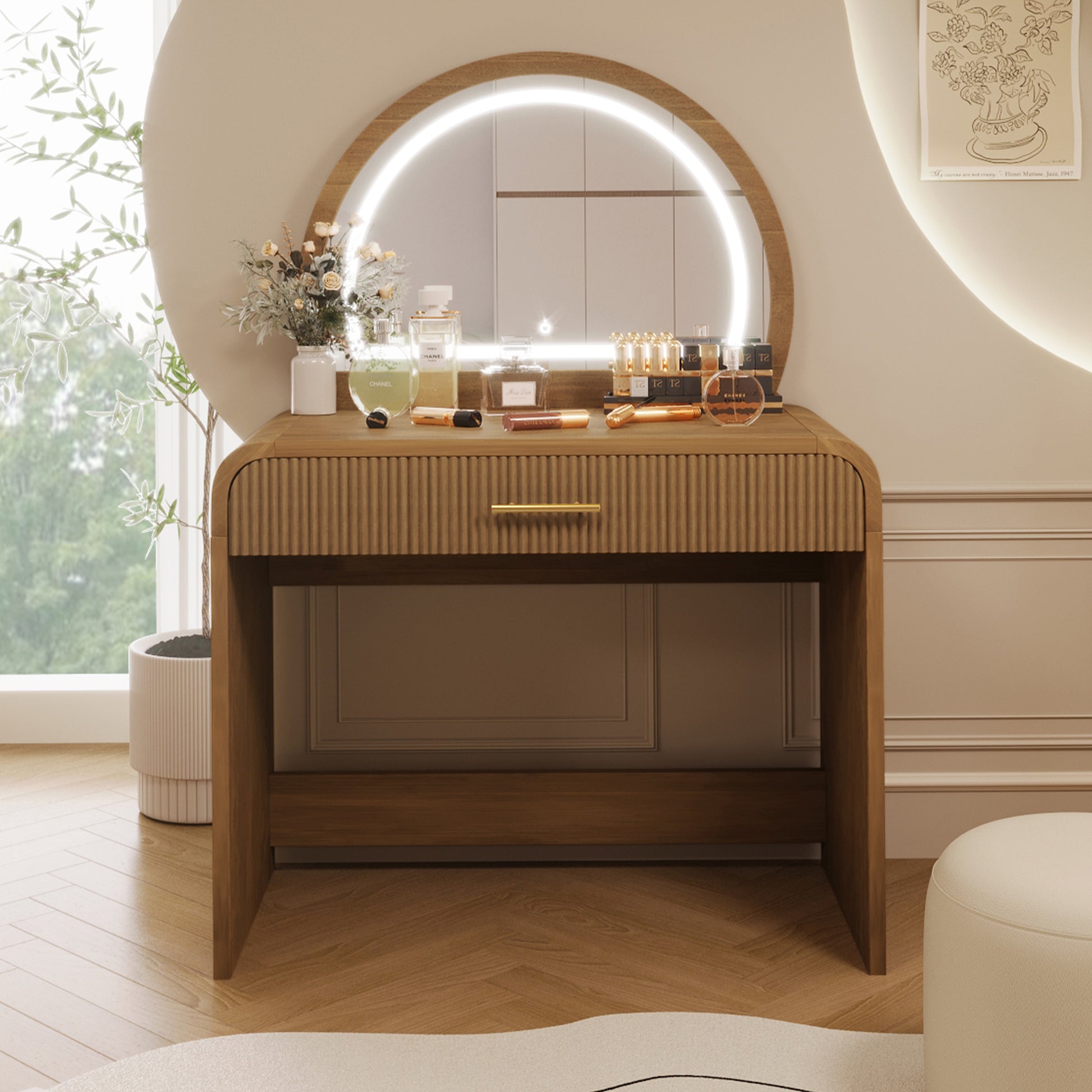 Espresso Makeup Vanity Table with Mirror - Storage & LED Light
