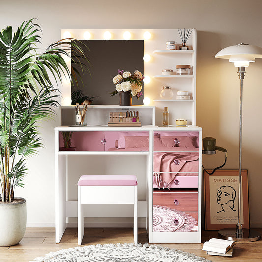 Pink Makeup Vanity with Glass Top & Charging Station