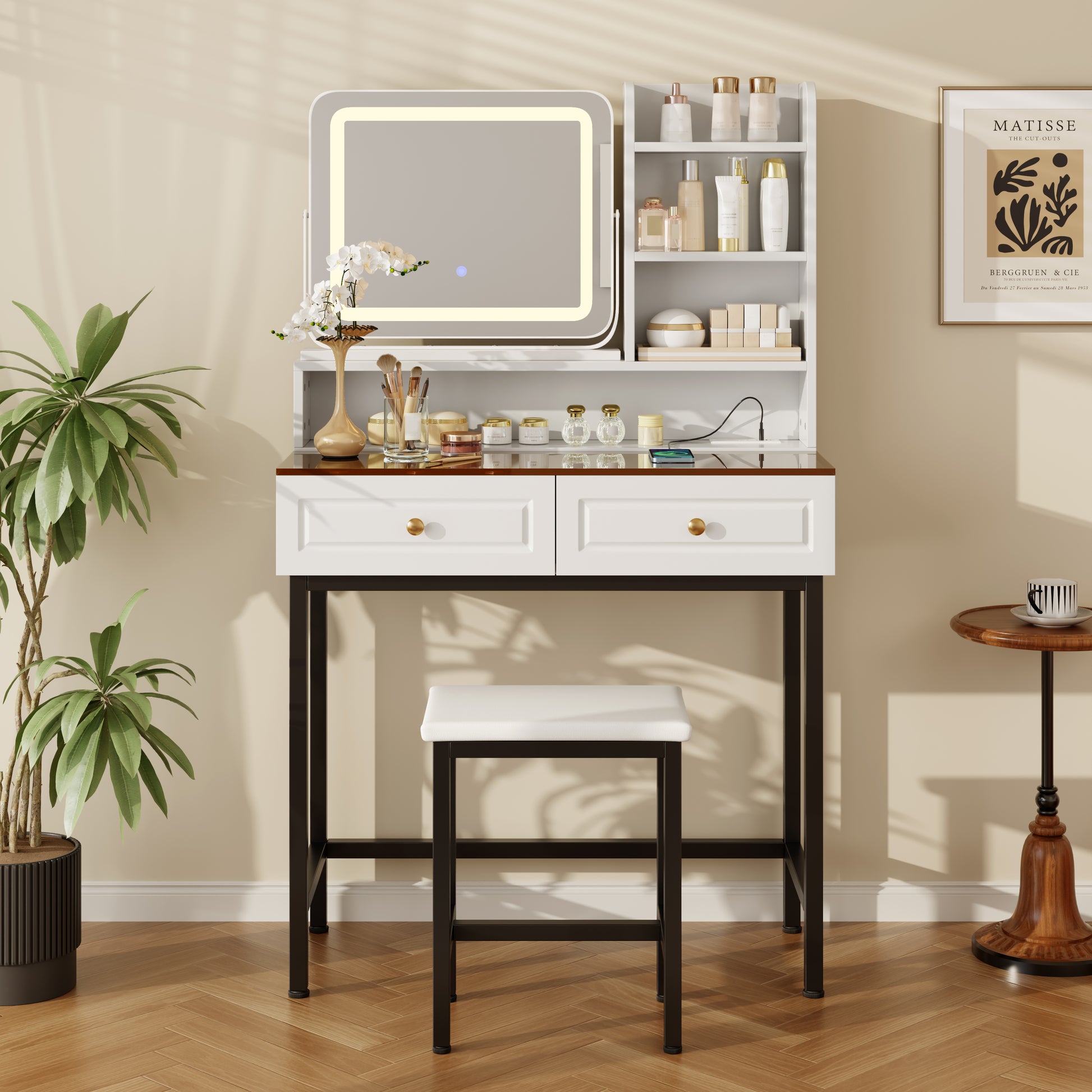 Black White Makeup Vanity with LED Mirror and Storage Drawers for Bedroom