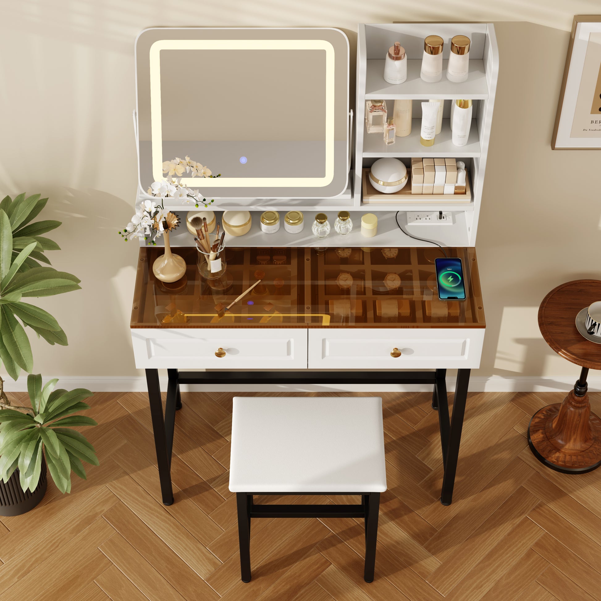 Black White Makeup Vanity with LED Mirror and Storage Drawers for Bedroom
