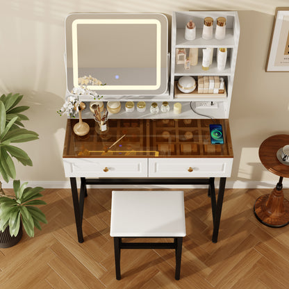 Black White Makeup Vanity with LED Mirror and Storage Drawers for Bedroom