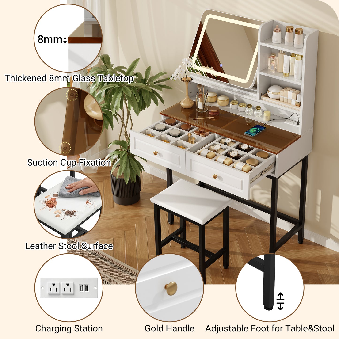 Black White Makeup Vanity with LED Mirror and Storage Drawers for Bedroom