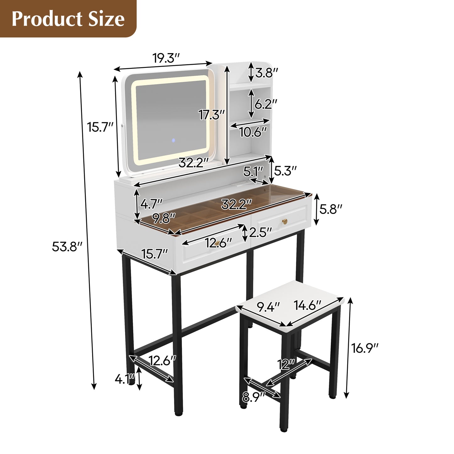 Black White Makeup Vanity with LED Mirror and Storage Drawers for Bedroom