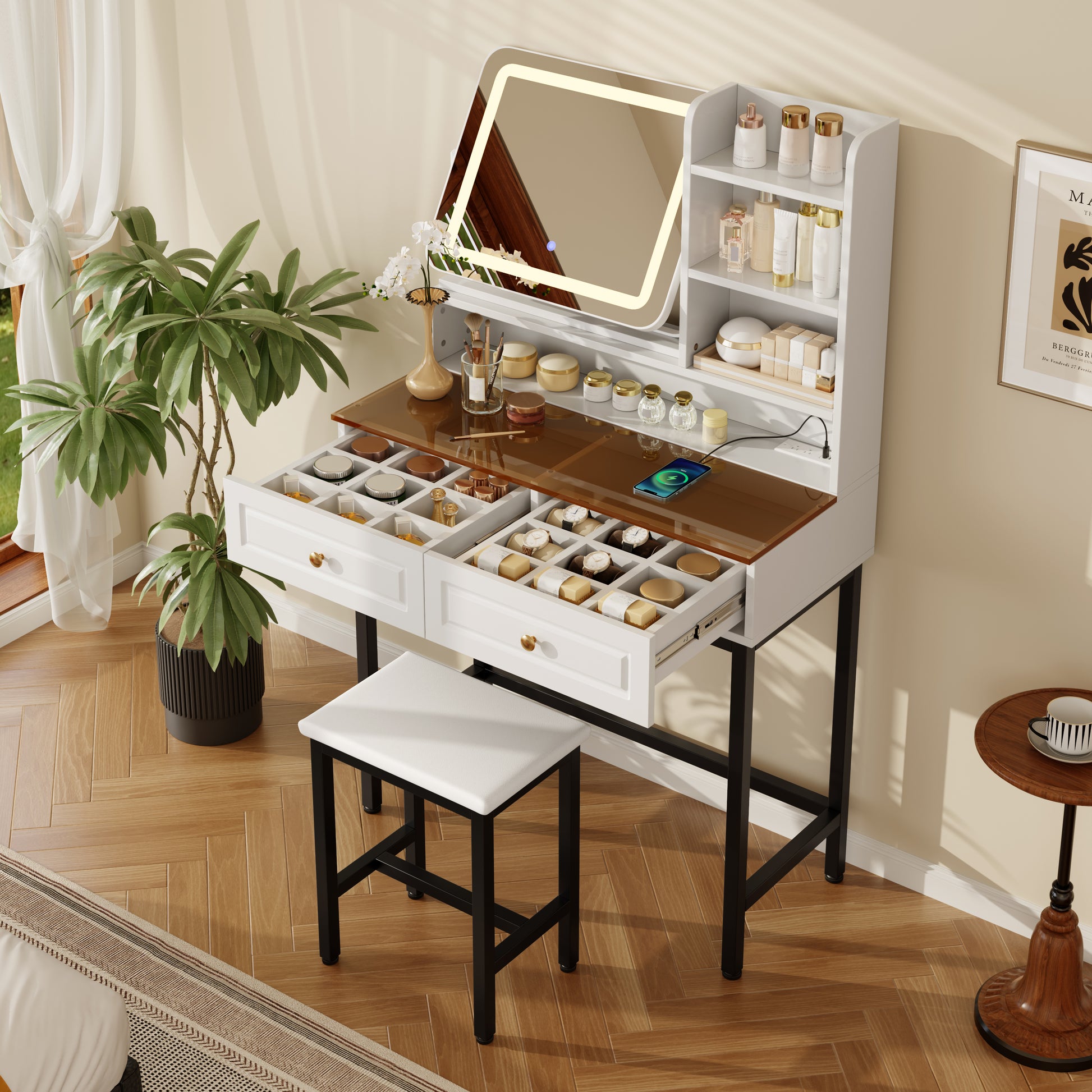 Makeup Vanity with LED Lighted Mirror,  360° Rotatable Mirror, Vanity Desk with 2 Drawers,Power Outlet and 3-Tier Shelves, Amber Glass Table Top, Dressing Table with Sturdy Metal Leg and  Stool, White