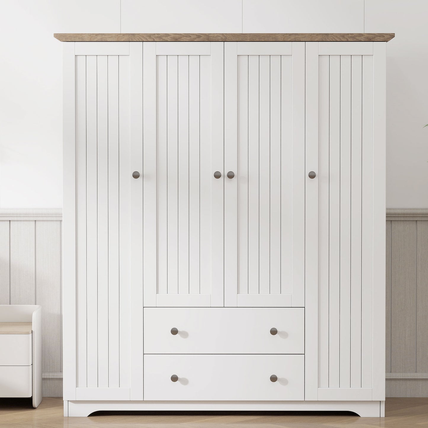 4 Door Wardrobe Armoire Closet with 2 Drawers, White