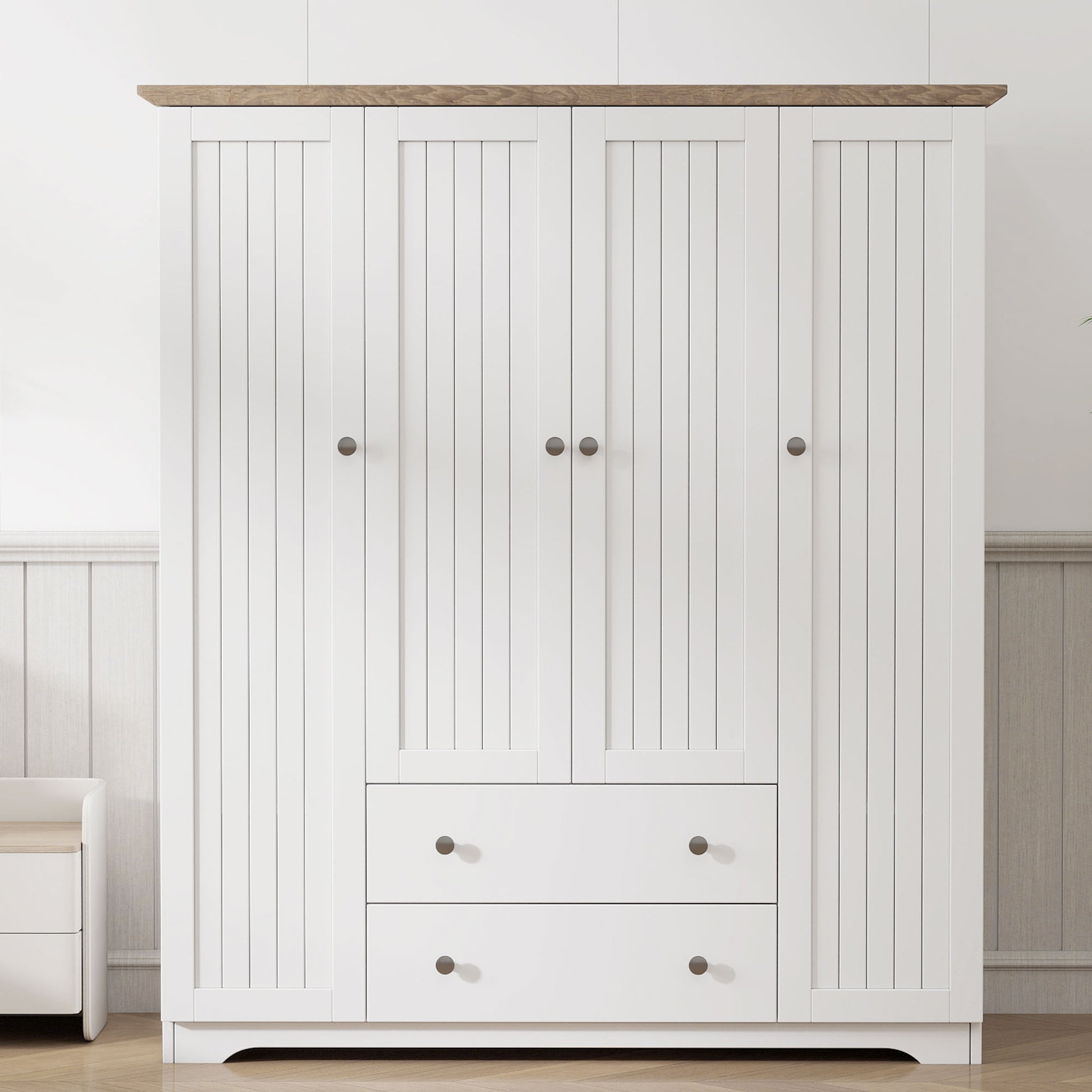 4 Door Wardrobe Armoire Closet with 2 Drawers, White