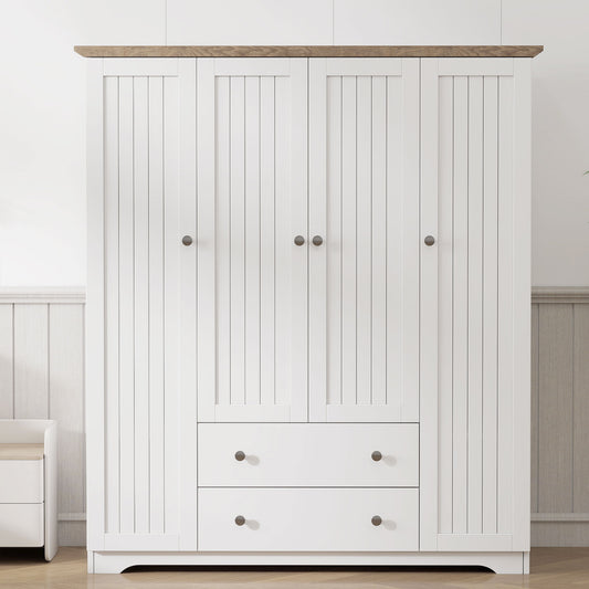4 Door Wardrobe Armoire Closet with 2 Drawers, White