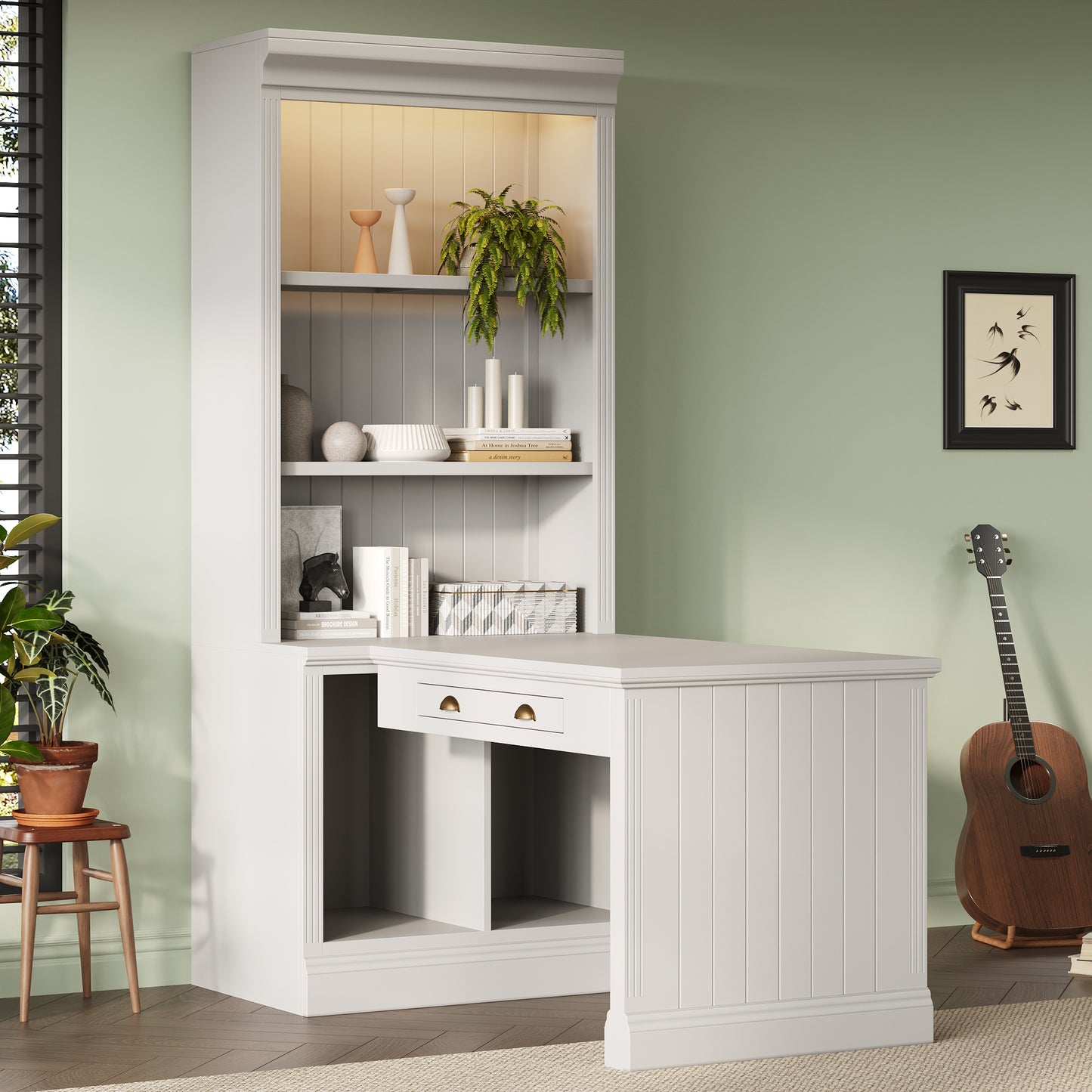 83.4" Tall Bookshelf with Writing Desk - White Study Workstation