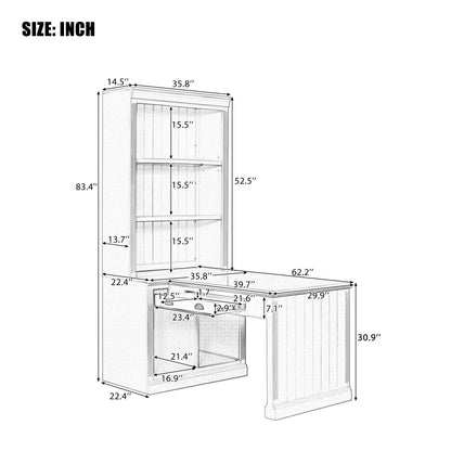 83.4" Tall Bookshelf with Writing Desk - White Study Workstation